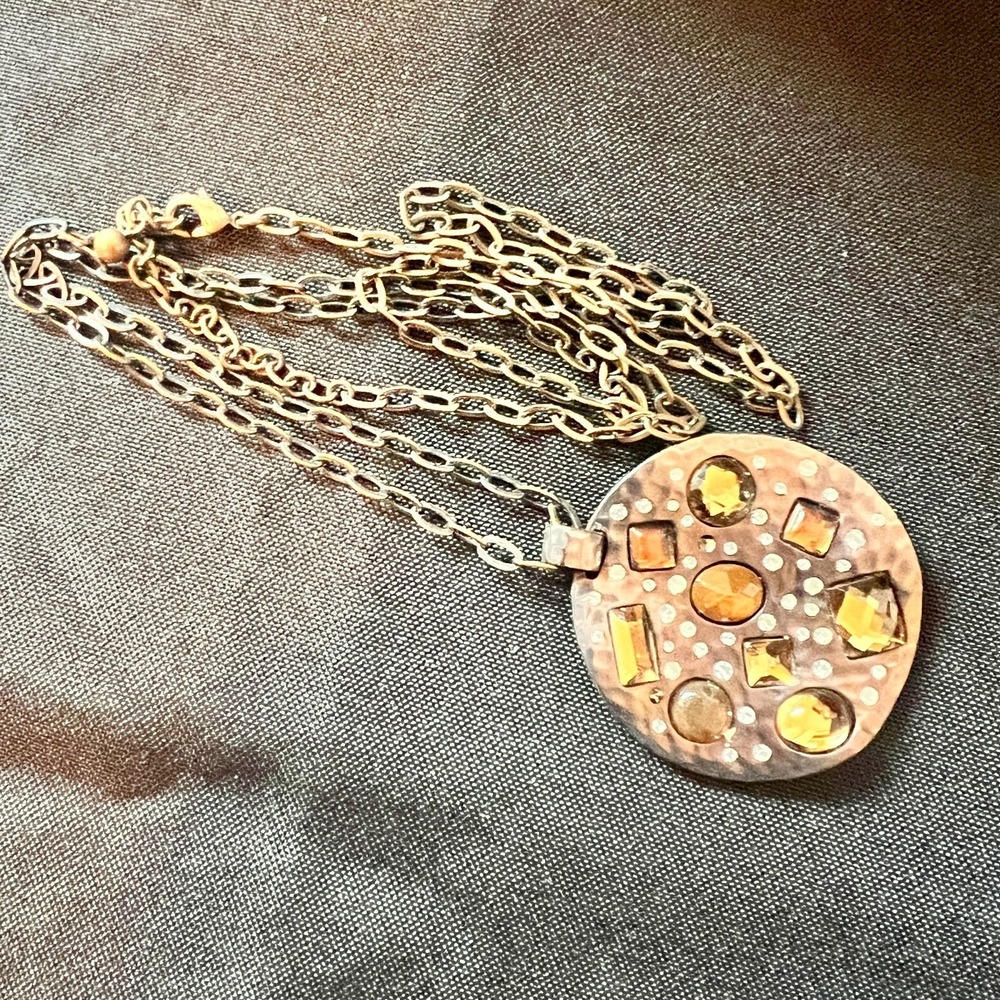 Artisan Hammered Mixed Metal Pendant Necklace Amber Glass‎ Stones Boho Statement